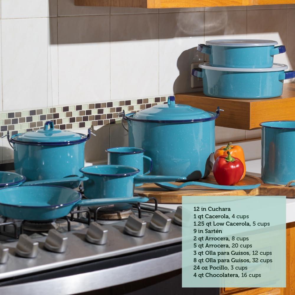 Cinsa 14-Piece Enameled Steel Cookware Set, Turquoise Blue
