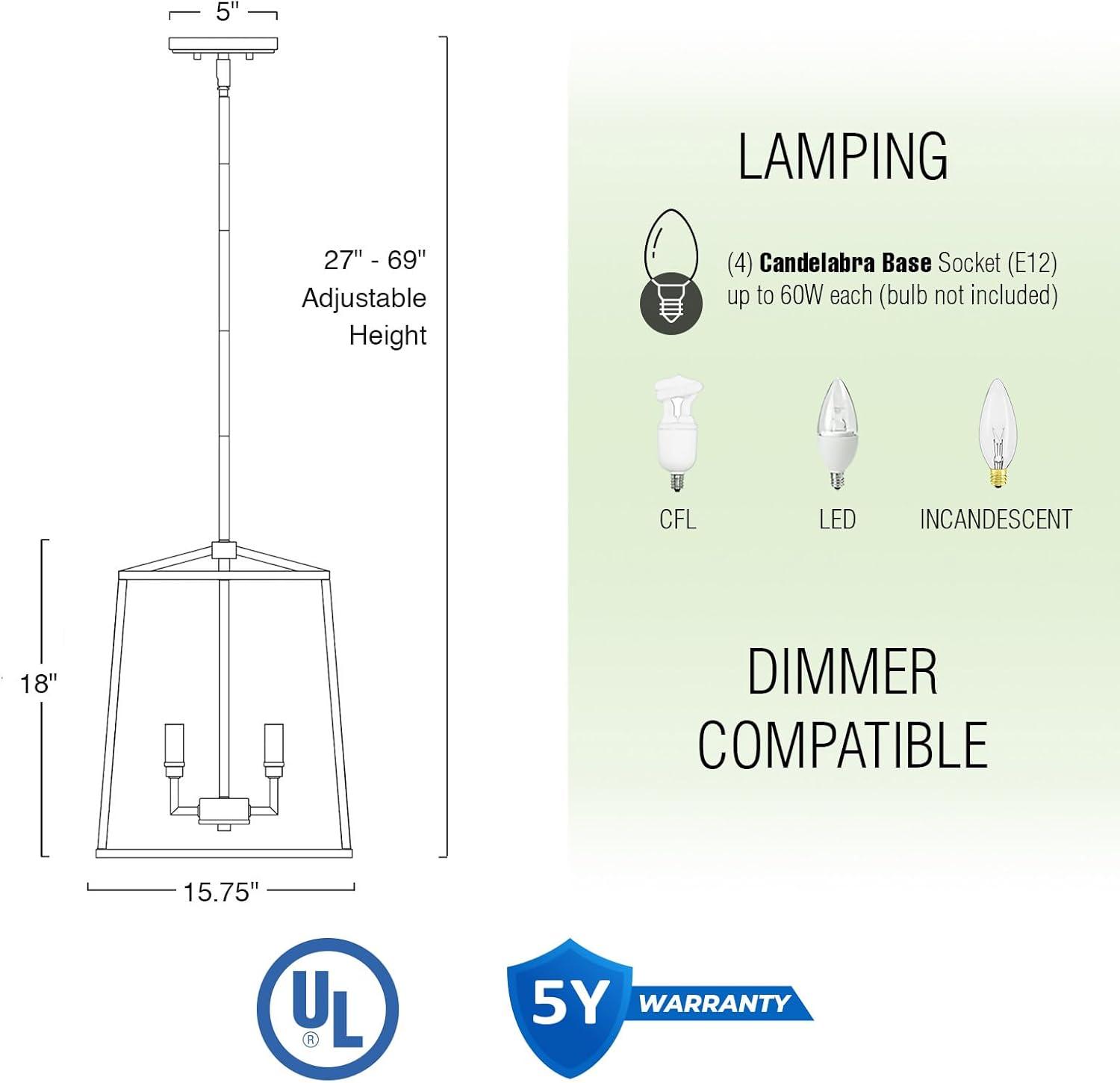 Kira Home Bellevue 18" 4-Light Farmhouse Lantern Pendant Light, Adjustable Foyer Chandelier, Warm Brass Accents + Black