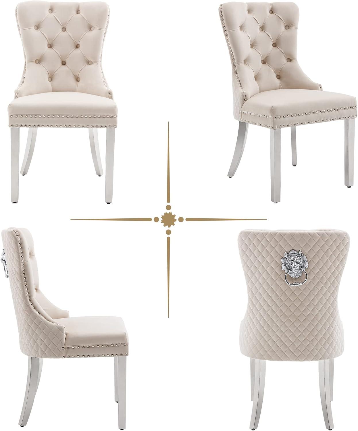 SoarFlash Velvet Dining Chairs Set of 4, Tall Back Side Chair, Modern Upholstered High-end Tufted Side Chair with Button Back Ring, Solid Wood Legs (Beige)