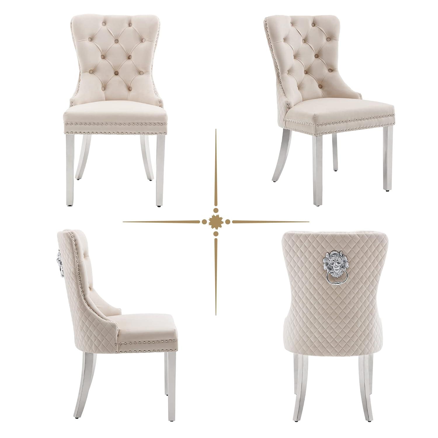 SoarFlash Velvet Dining Chairs Set of 4, Tall Back Side Chair, Modern Upholstered High-end Tufted Side Chair with Button Back Ring, Solid Wood Legs (Beige)