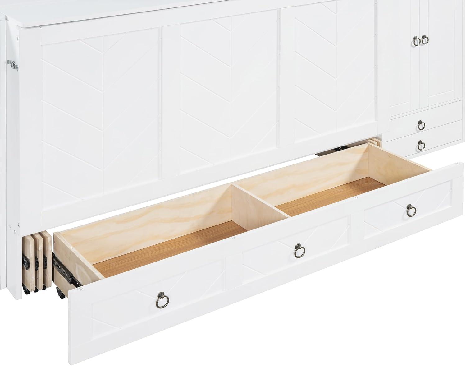 Queen Size Murphy Bed Wall Bed, Solid Pine Murphy Bed Chest Cube Cabinet Bed with USB, Charging Station, Bookshelves and Storage Wardrobes and Drawers for Home Office or Small Room-White