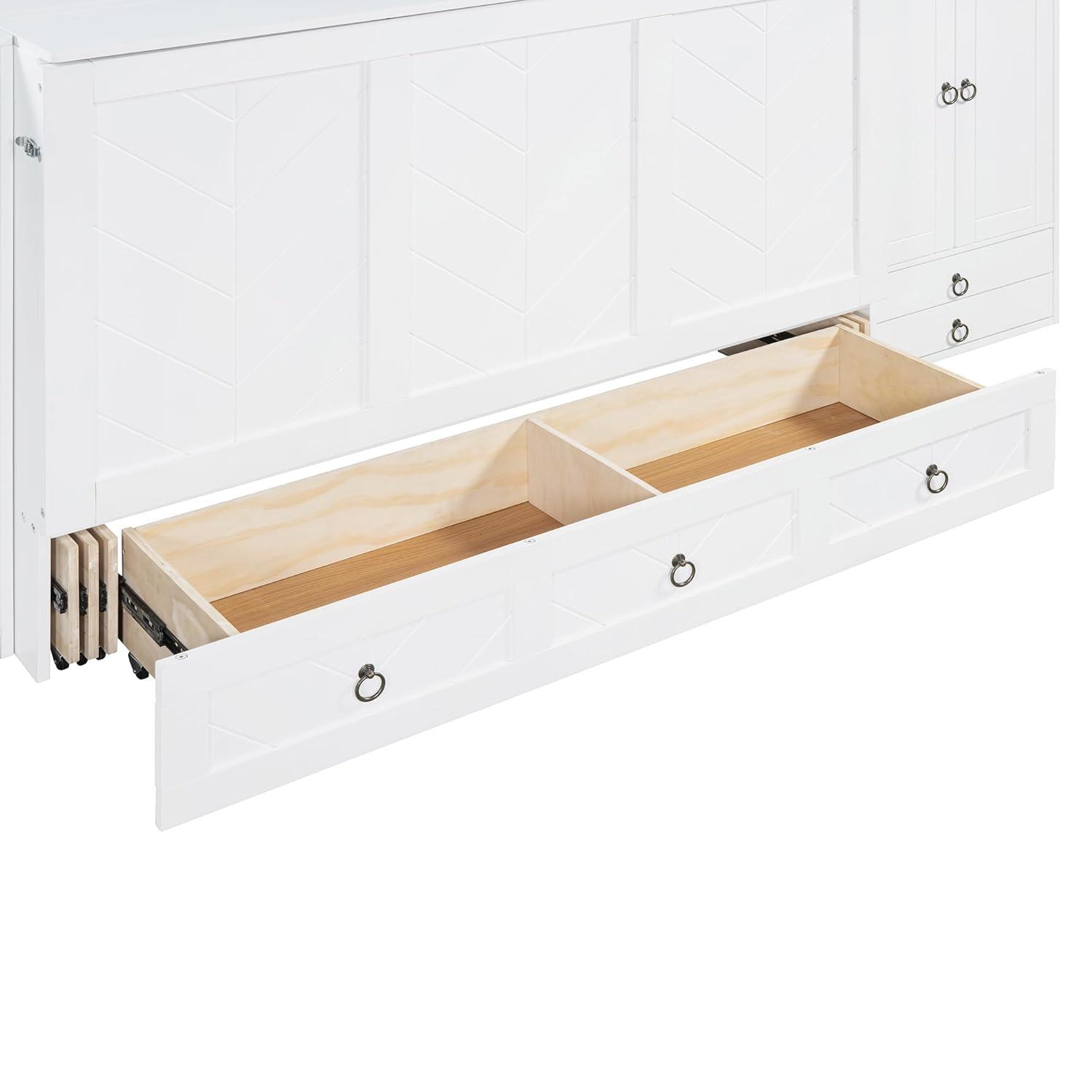 Queen Size Murphy Bed Wall Bed, Solid Pine Murphy Bed Chest Cube Cabinet Bed with USB, Charging Station, Bookshelves and Storage Wardrobes and Drawers for Home Office or Small Room-White