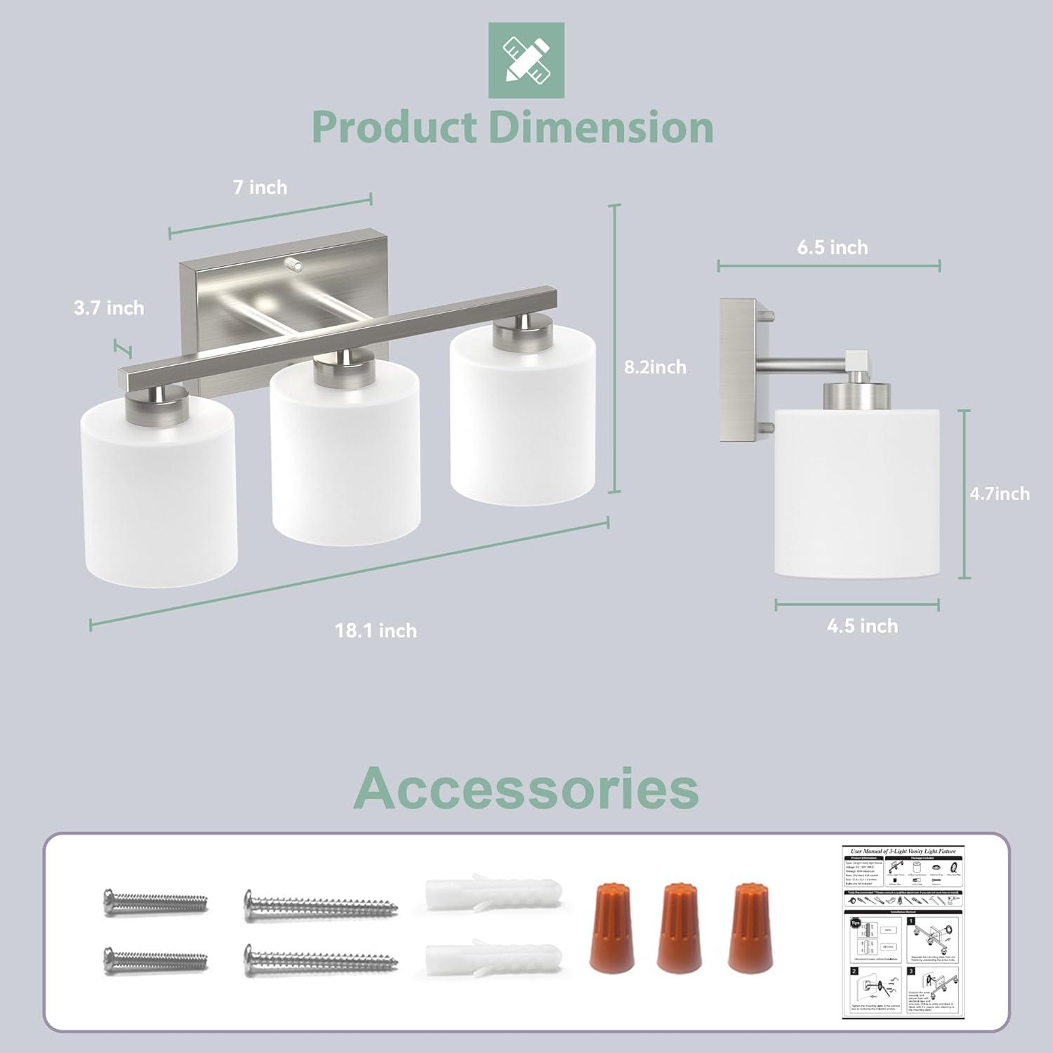 Brushed Nickel Bathroom Light Fixtures, 3-Light Modern Vanity Light Over Mirror