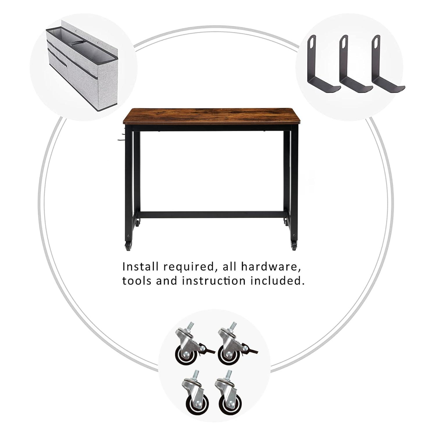 AHB 39" Rolling Computer Desk with 4 Smooth Wheels, Simple Style Mobile Writing Desk Home Office Study Table Movable Workstation with Metal Frame