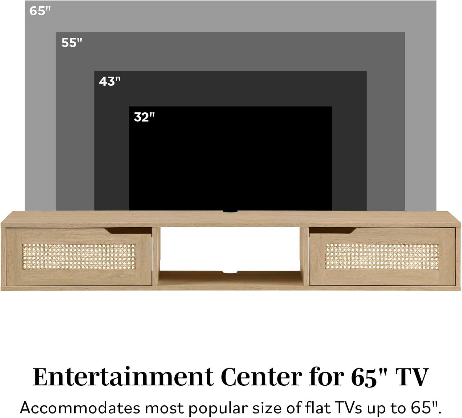 Walker Edison Modern Floating Rattan-Door TV Stand for TVs up to 65”, Coastal Oak