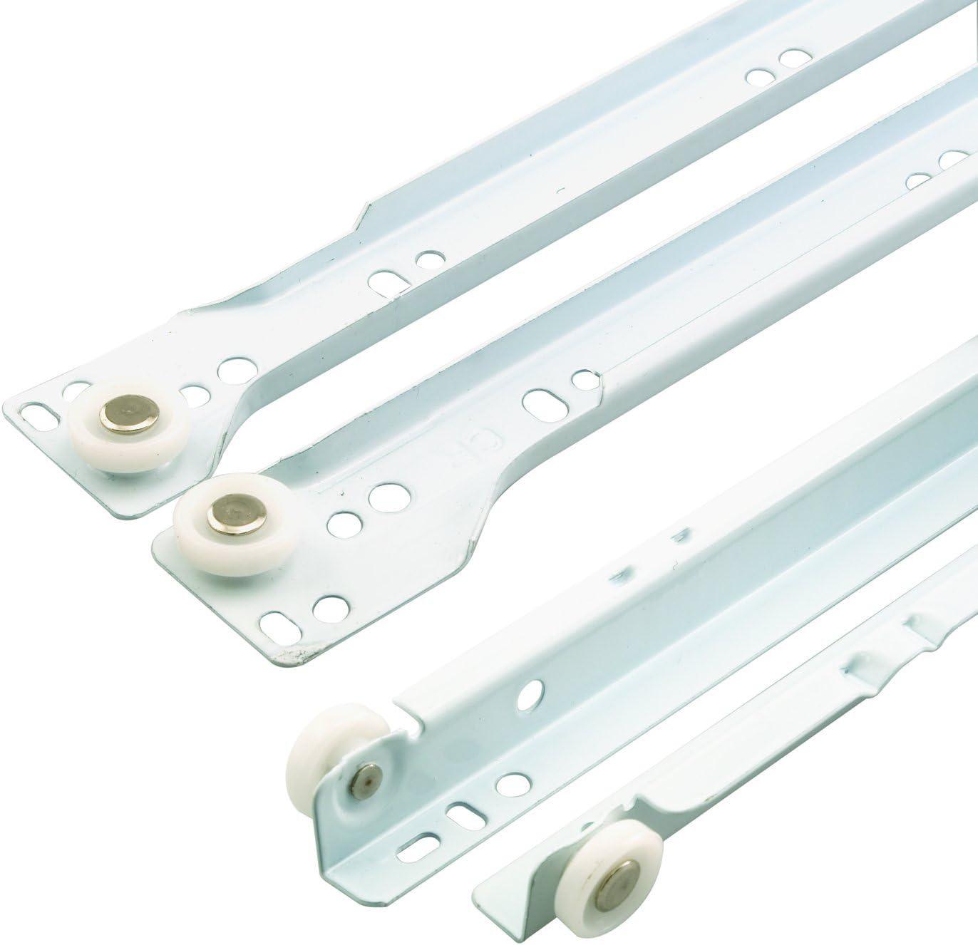 Prime-Line Drawer Slide Kit  Replace Drawer Track Hardware  Self-Closing Design Fits Most Bottom/ Side-Mounted Drawer Systems 17-3/4 In. Steel Tracks, Plastic Wheels, White (1 Pair)