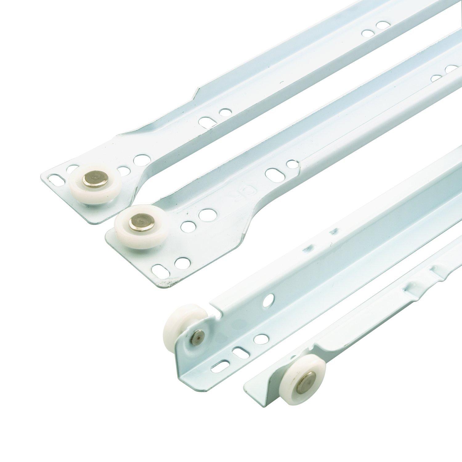 Prime-Line Drawer Slide Kit  Replace Drawer Track Hardware  Self-Closing Design Fits Most Bottom/ Side-Mounted Drawer Systems 17-3/4 In. Steel Tracks, Plastic Wheels, White (1 Pair)