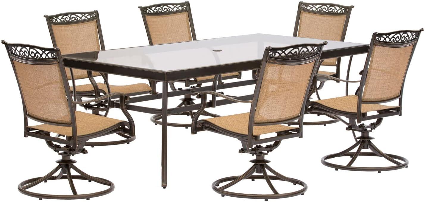 Hanover Fontana 7-Piece Outdoor Dining Set with 2 Sling Swivel Rockers, 4 Sling Chairs, and a 38-In. x 72-In. Cast-Top Table