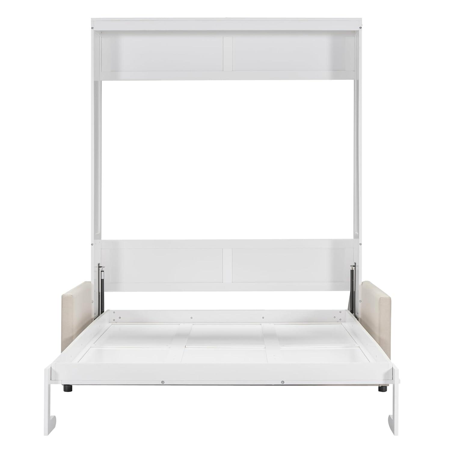 LZ LEISURE ZONE Queen Size Murphy Bed, Wooden Queen Murphy Wall Bed with Cushion and Sofa, for Home Office or Small Room, White