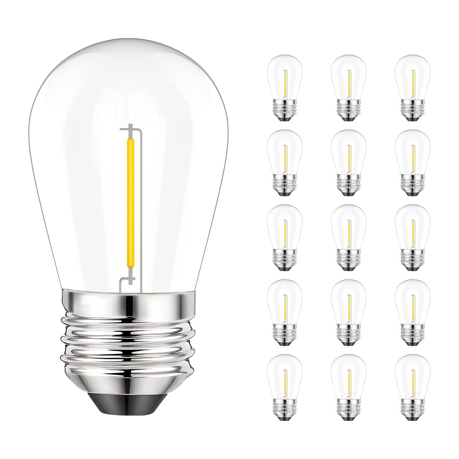 Svater Replacement Bulbs for Outdoor String Lights, 15 Pack S14 LED Bulbs for Patio, E26 Base 1W Bulb Equal to 11W Incandescent, Dimmable,Shatterproof 2700K Warm White