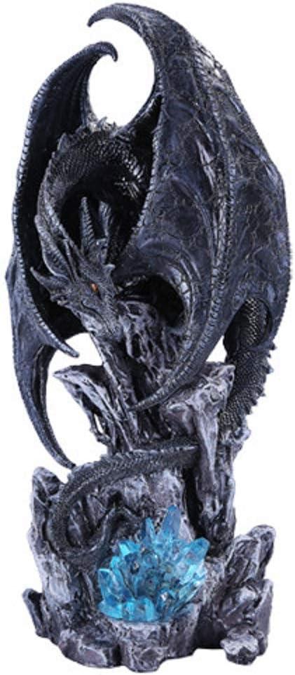 Large Dark Age Black Dragon w/ LED Light Blue Crystal Rock 18"h