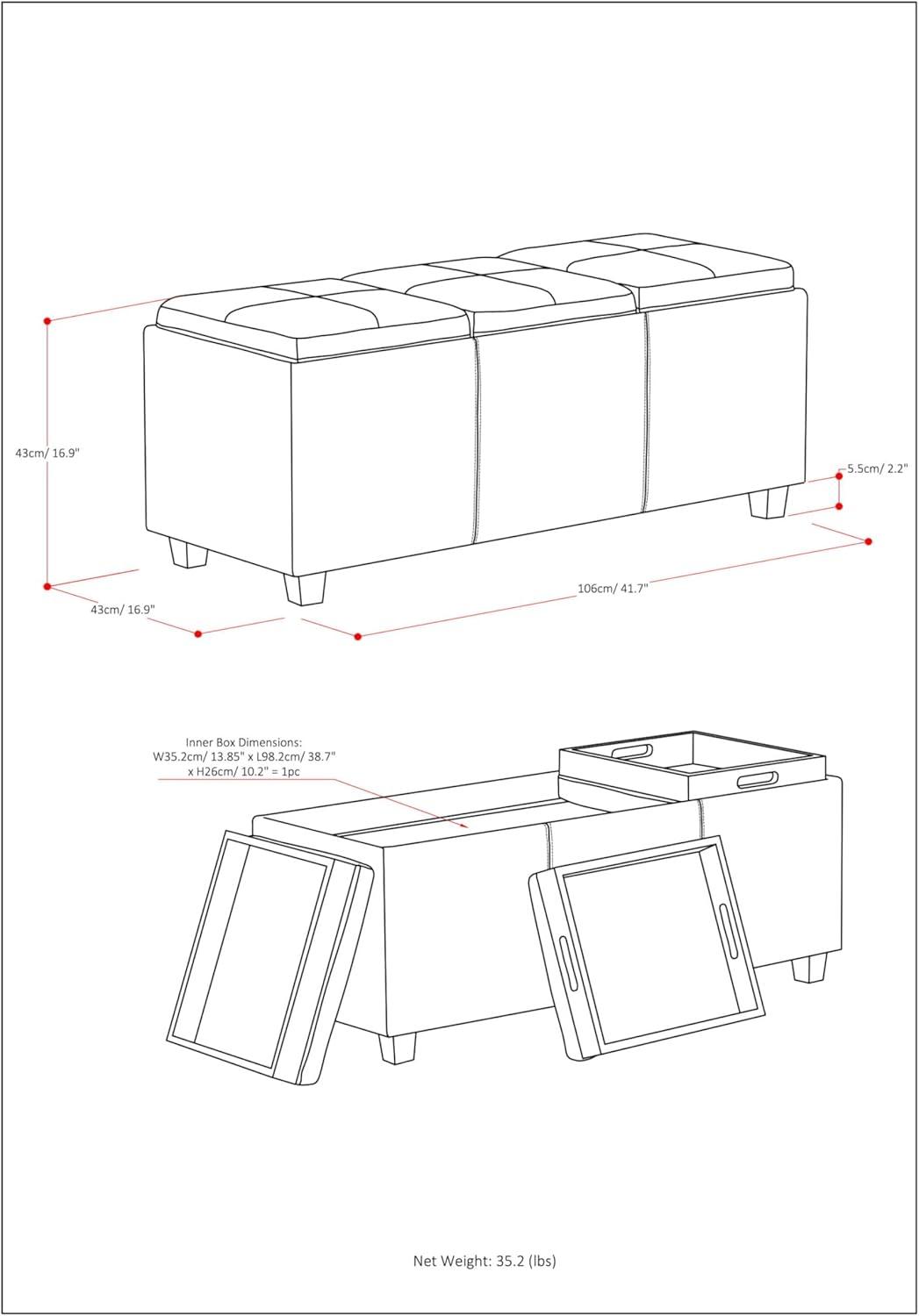 Simpli Home Avalon 42"W Upholstered Storage Ottoman with 3 Flip-Over Serving Trays