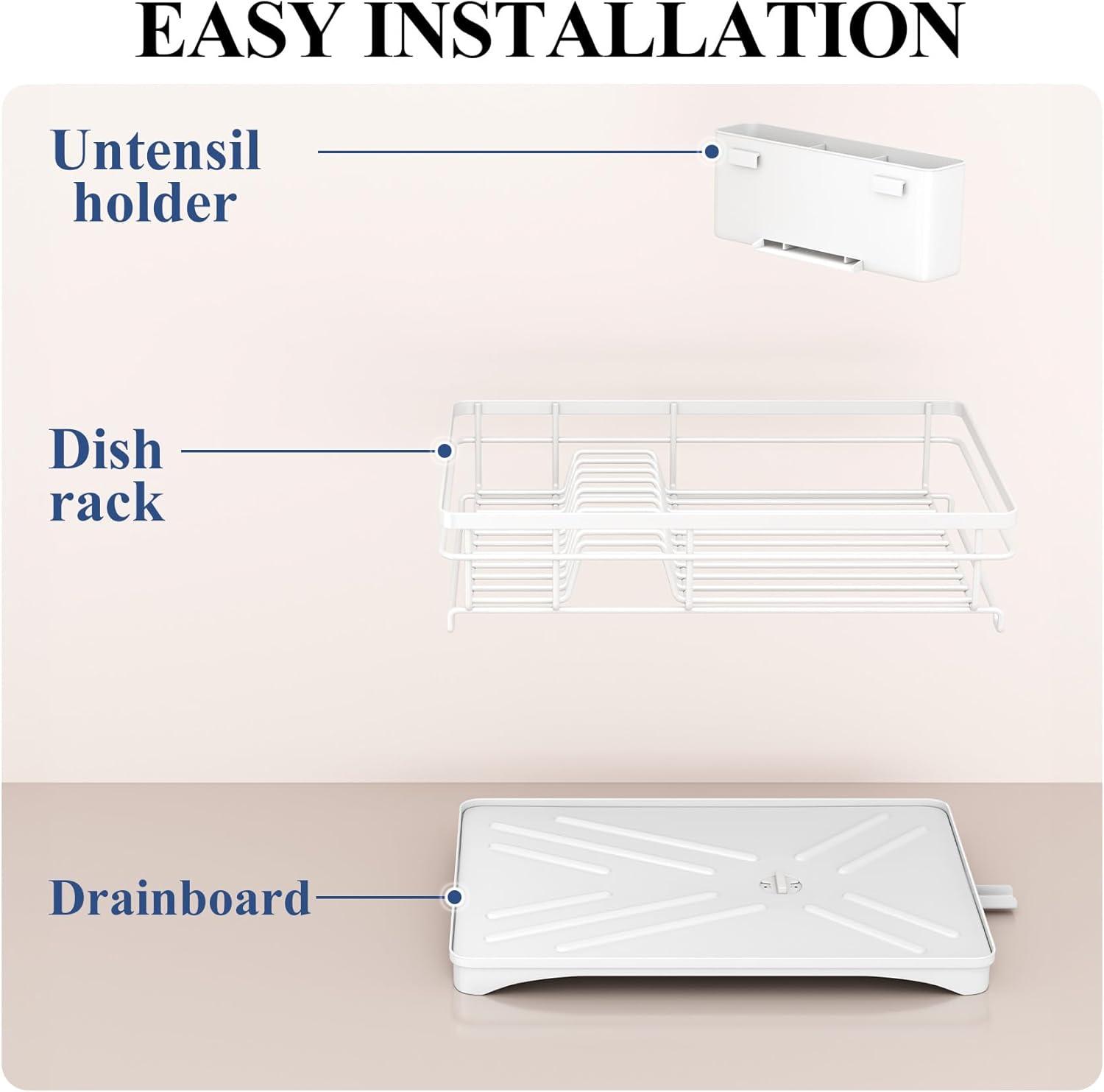 Expandable Stainless Steel Dish Drying Rack with Utensil Holder, White