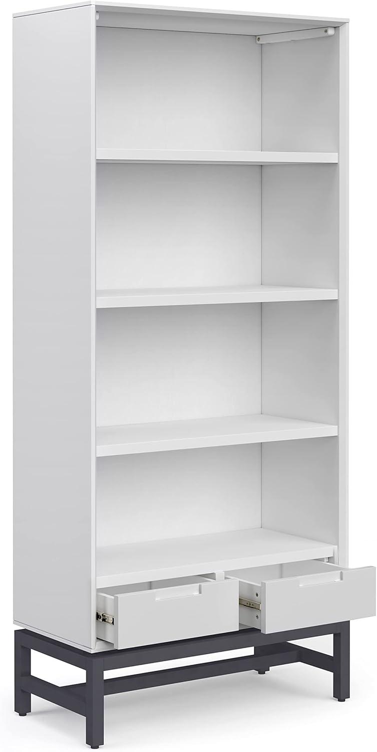 Simpli Home Banting 30"W Solid Wood 4 Shelf Industrial Bookcase with 2 Drawers, Adjustable Shelves, and Metal Base