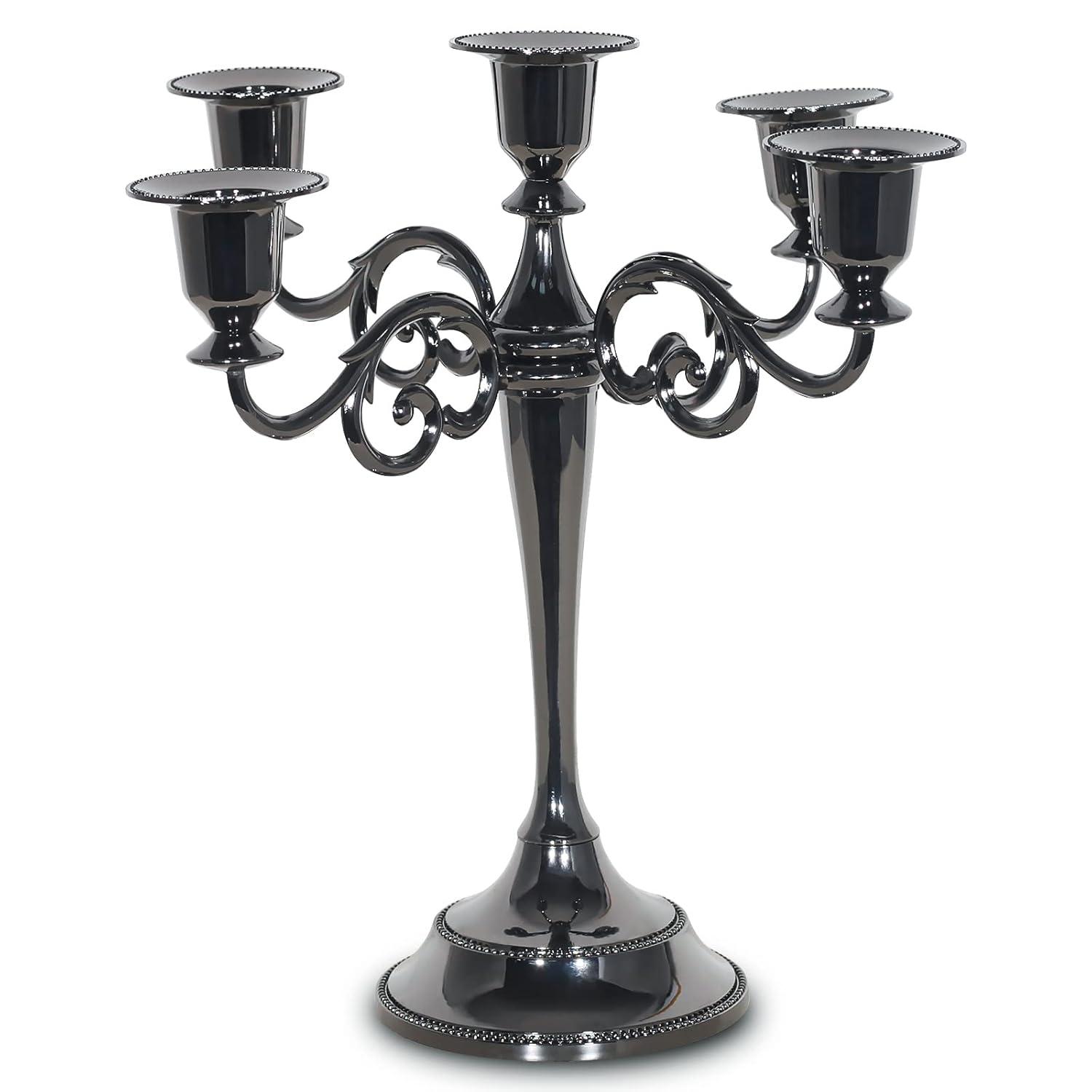 HYEASTR Metal Candelabra 5 Arm Candle Holder for Candlelight Dinner, Retro Candle Stand for Table Decor Centerpiece, Vintage Candlestick for Wedding Halloween Event - Black