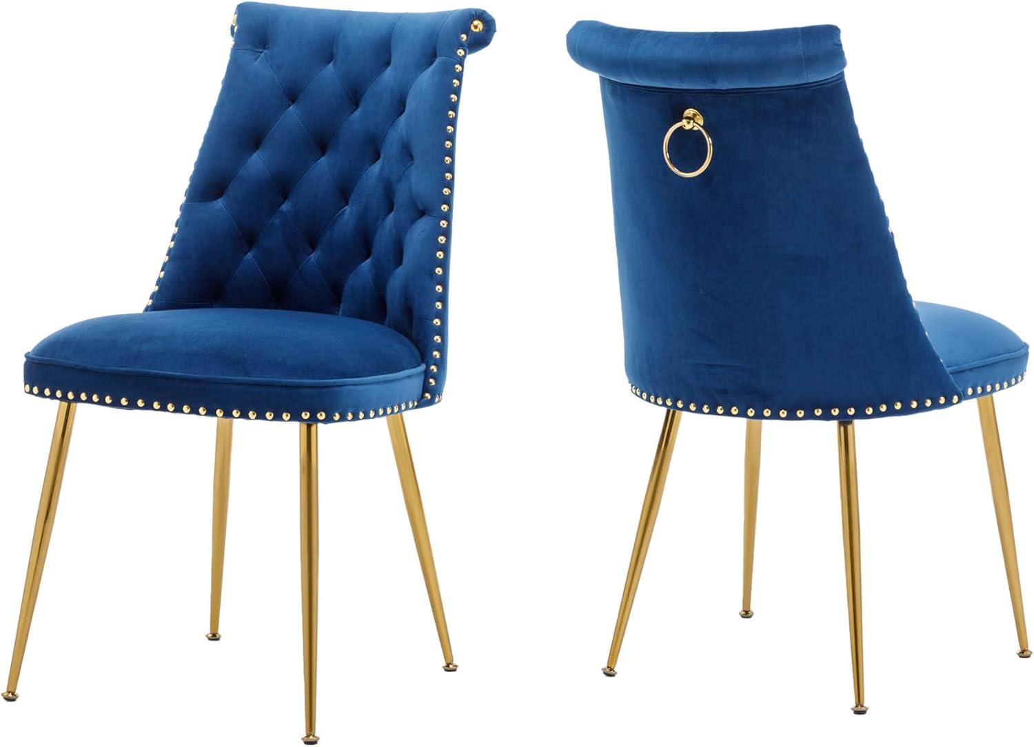 Velvet Upholstered Dining Chairs, Set of 2, Dining Room Tufted Chair, Modern Button Tufted Armless Chairs with Nailhead Trim and Back Ring Pull, Gold Legs, for Dining Room, Kitchen, Navy