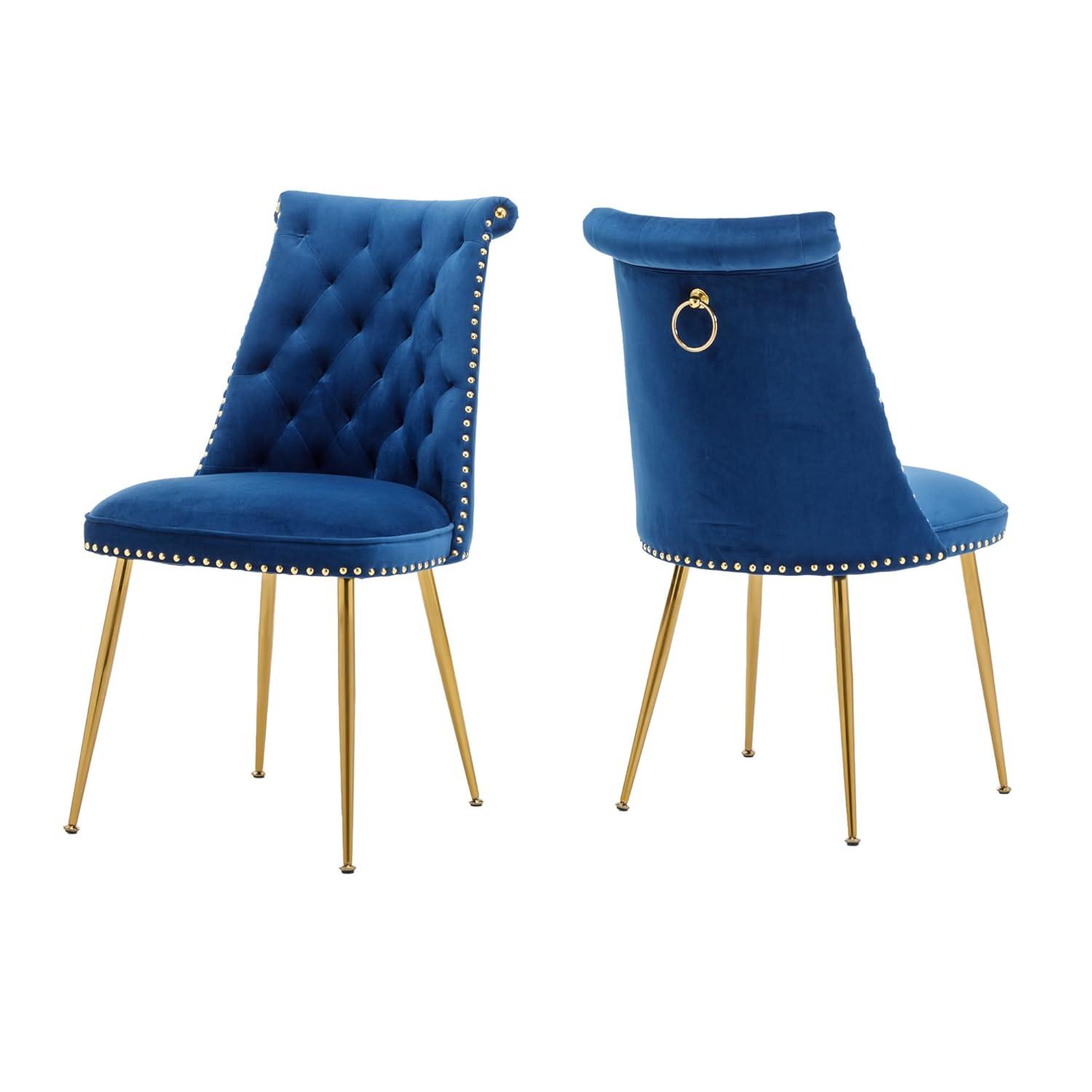 Velvet Upholstered Dining Chairs, Set of 2, Dining Room Tufted Chair, Modern Button Tufted Armless Chairs with Nailhead Trim and Back Ring Pull, Gold Legs, for Dining Room, Kitchen, Navy