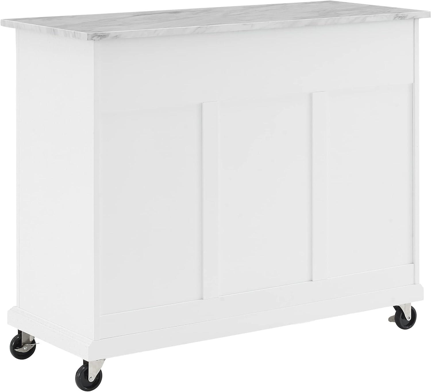 Avery Distressed White Kitchen Island Cart with Faux Marble Top