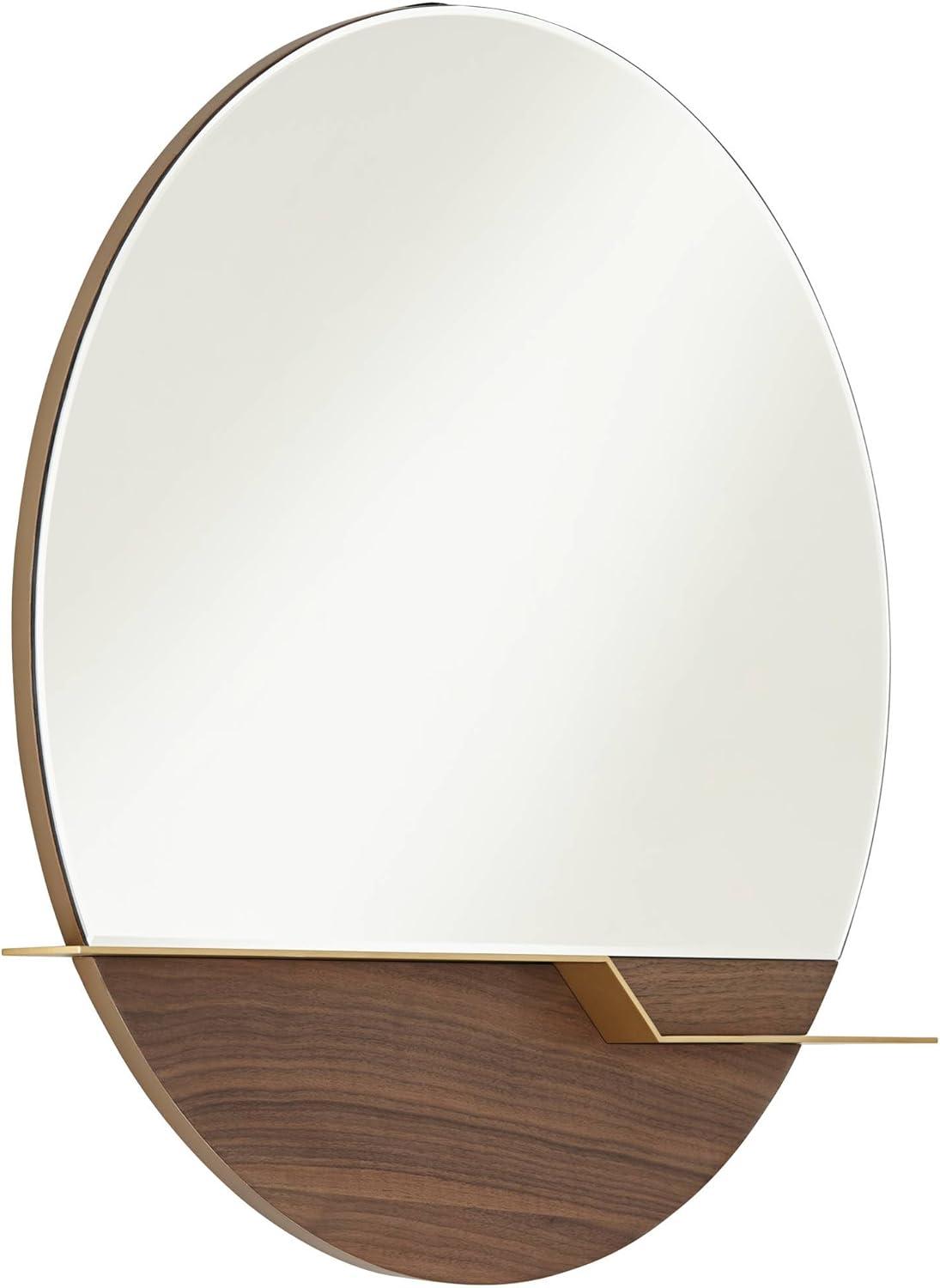 Possini Euro Design Loft Round Vanity Wall Mirror with Gold Shelf Modern Beveled Glass Brown Wood Frame 31 1/2" Wide for Bathroom