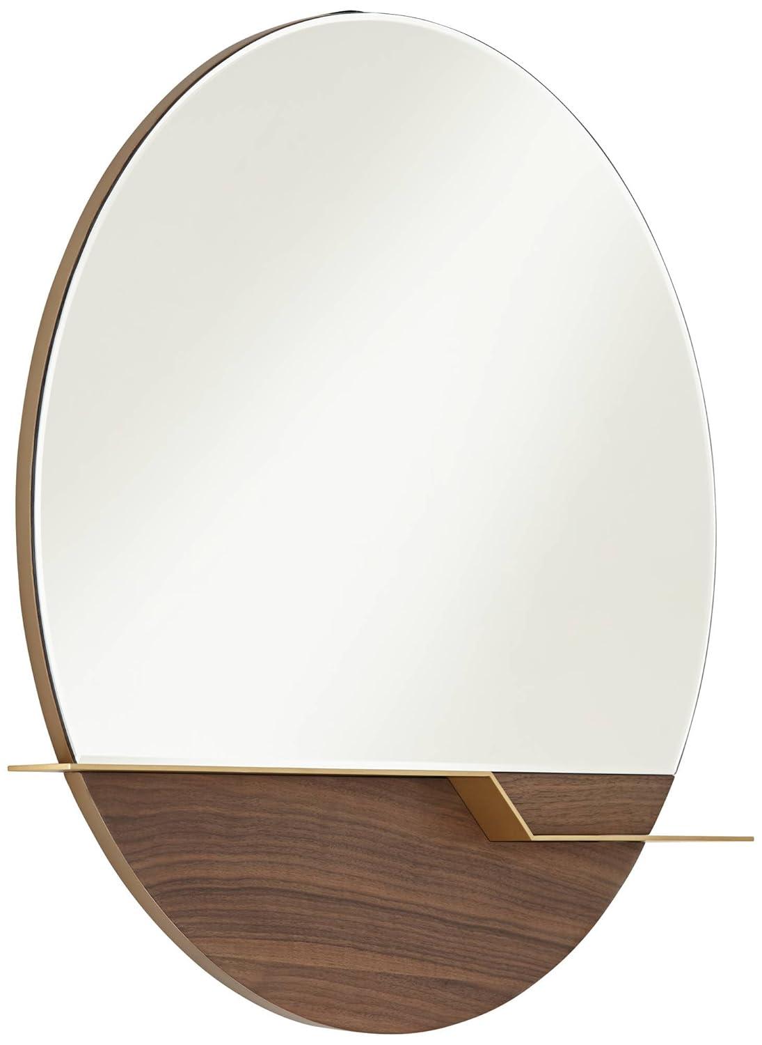 Possini Euro Design Loft Round Vanity Wall Mirror with Gold Shelf Modern Beveled Glass Brown Wood Frame 31 1/2" Wide for Bathroom