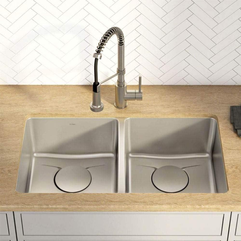 Dex™️ Series KRAUS 33-inch L Undermount 50/50 Double Bowl TRU16 Gauge Stainless Steel Kitchen Sink with DrainAssure WaterWay