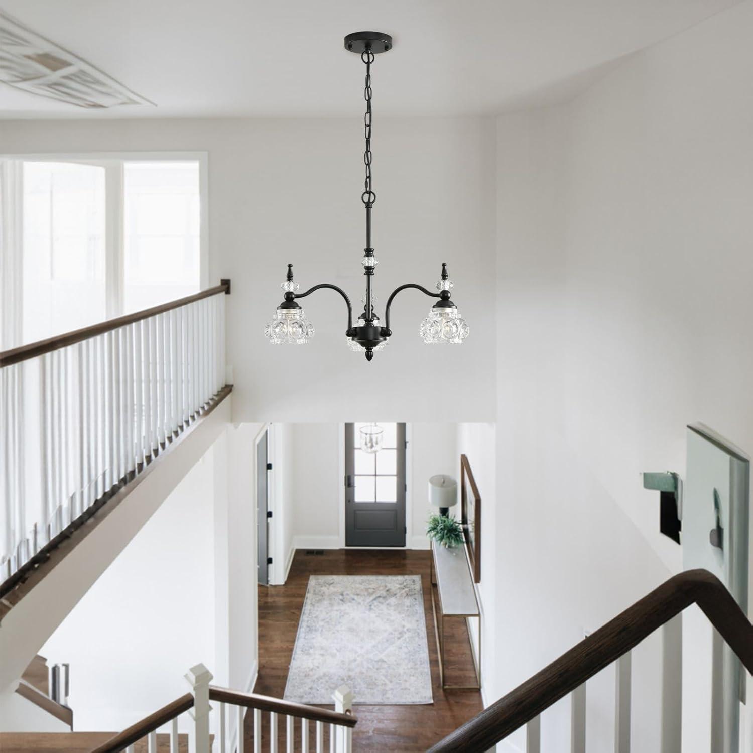 Black Chandelier, 3-Light Crystal Chandeliers for Dining Room, Farmhouse Dining Room Light Fixture, Dining Room Light Fixtures Over Table, Modern Hanging Pendant Lights for Bedroom, Kitchen Island