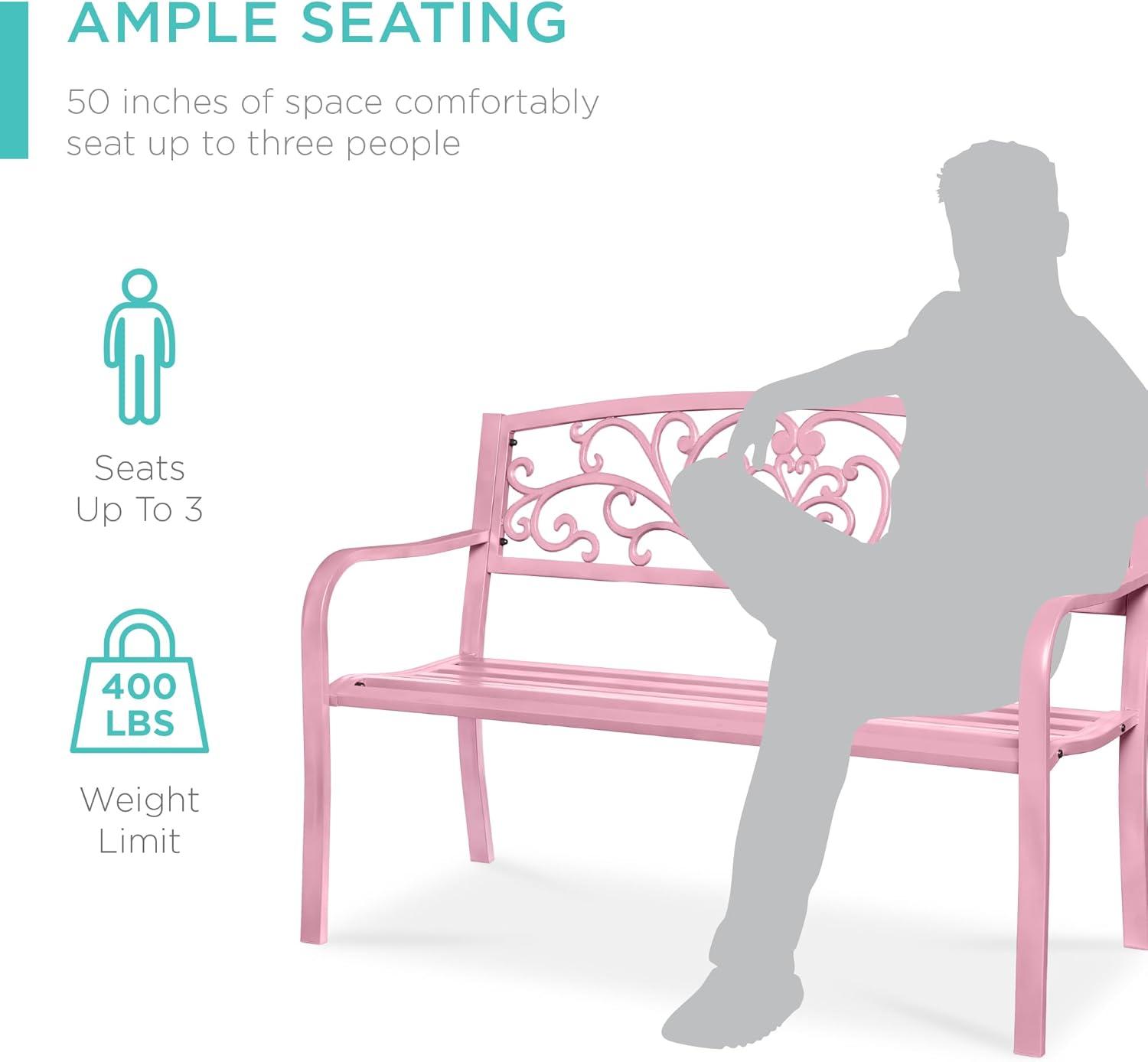 World Menagerie Outdoor Steel Bench with Floral Backrest & Slatted Seat, Marigold for Garden, Patio, Porch, Lawn, and Deck