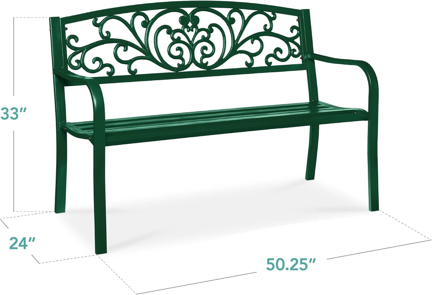 World Menagerie Outdoor Steel Bench with Floral Backrest & Slatted Seat, Marigold for Garden, Patio, Porch, Lawn, and Deck
