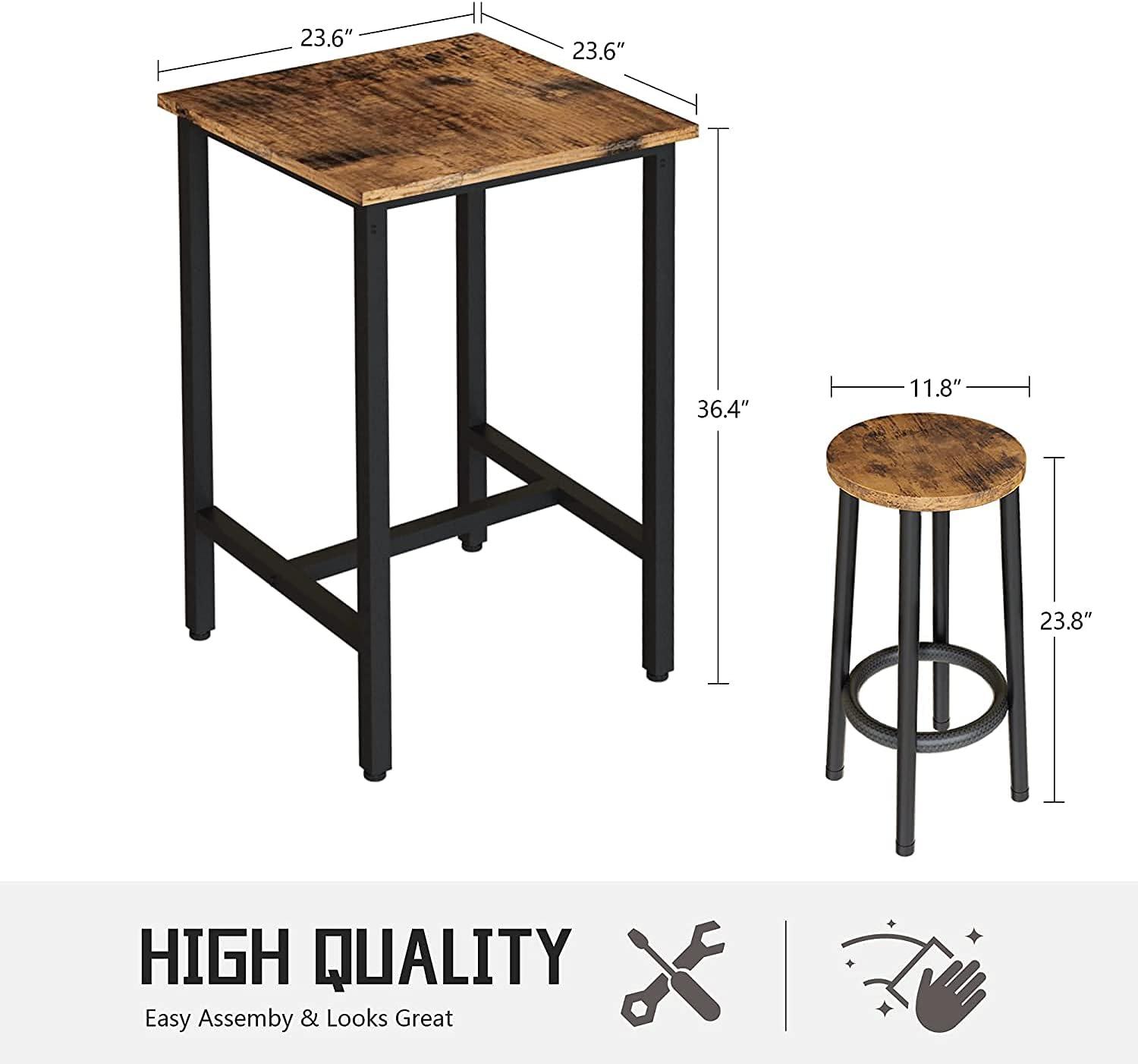 Rustic Brown Square Pub Table Set with Metal Frame and 2 Stools