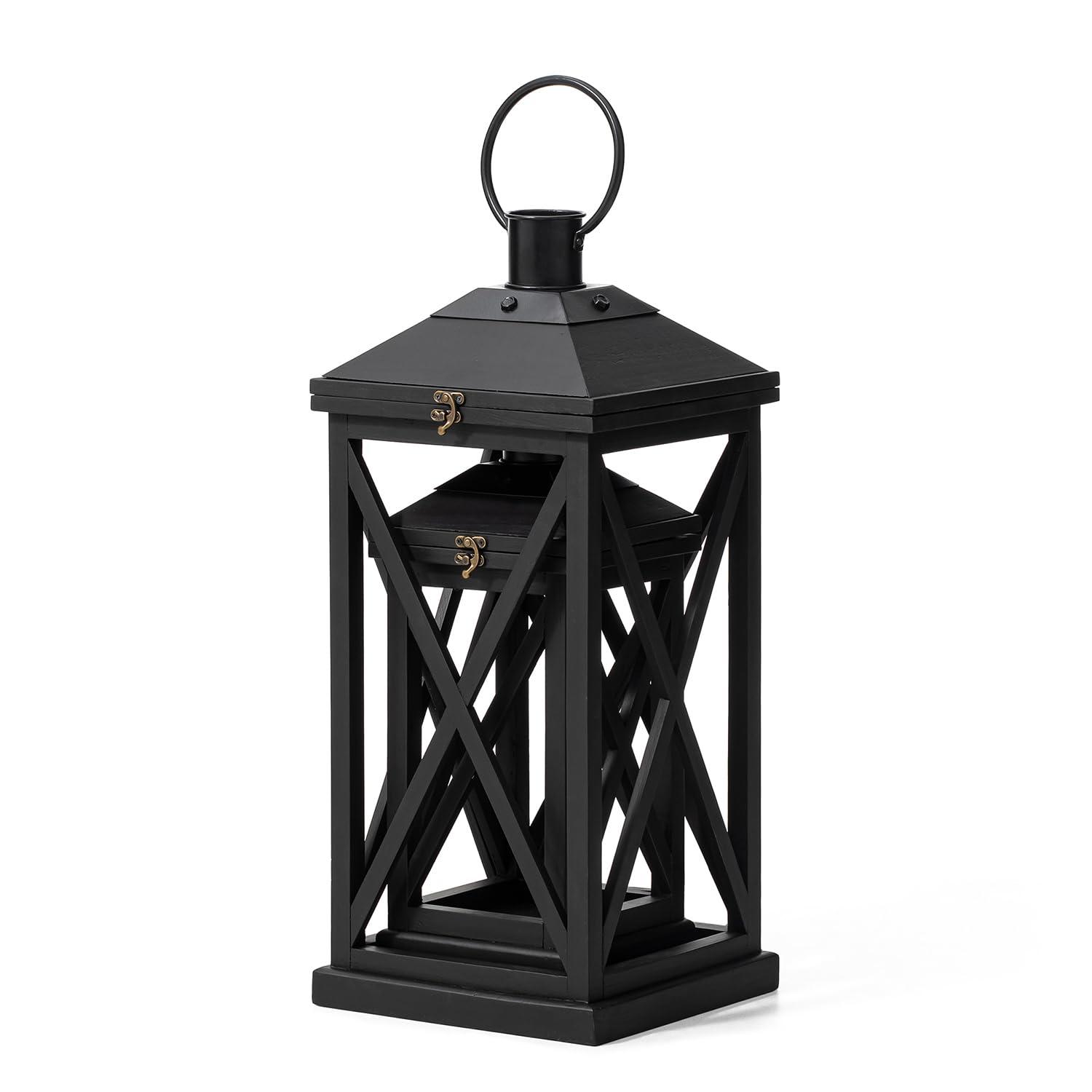 Glitzhome Modern Farmhouse Wooden Lantern Hanging Decorative Candle Lantern for Outdoor & Indoor Black Set of 2 (No Glass)