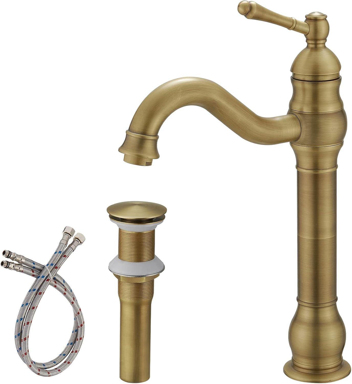 GGStudy 360° Swivel Antique Brass Bathroom Vessel Sink Faucet Single Handle One Hole Matching with Pop Up Drain