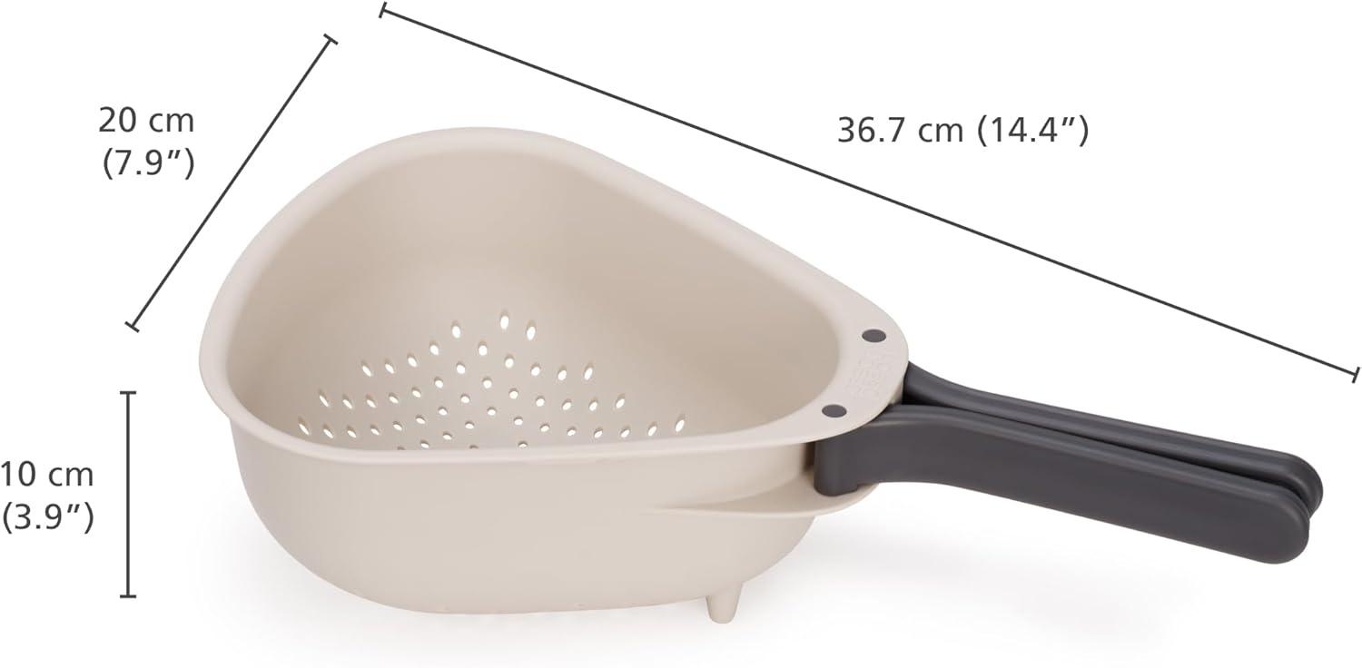 Compact Beige and Black Plastic Colander with Folding Handles