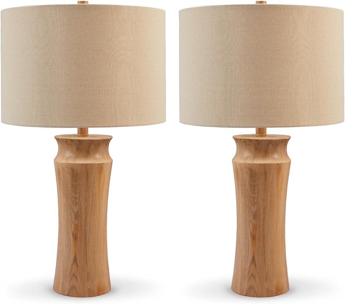 Beige and Brown Resin Table Lamps with Drum Shade, Set of 2