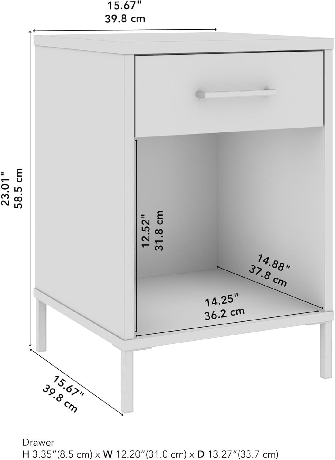 Natural Elm Small End Table with Drawer and Black Metal Legs