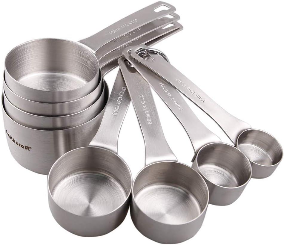 Measuring Cups set 8, 18/8 (304) Stainless Steel Measuring Cups Set for Kitchen & Baking, Heavy Duty Solid Measurement Cups, Us&Metric Measuring Cups with 1/16, 1/8, 2/3 &3/4 Measuring Cups