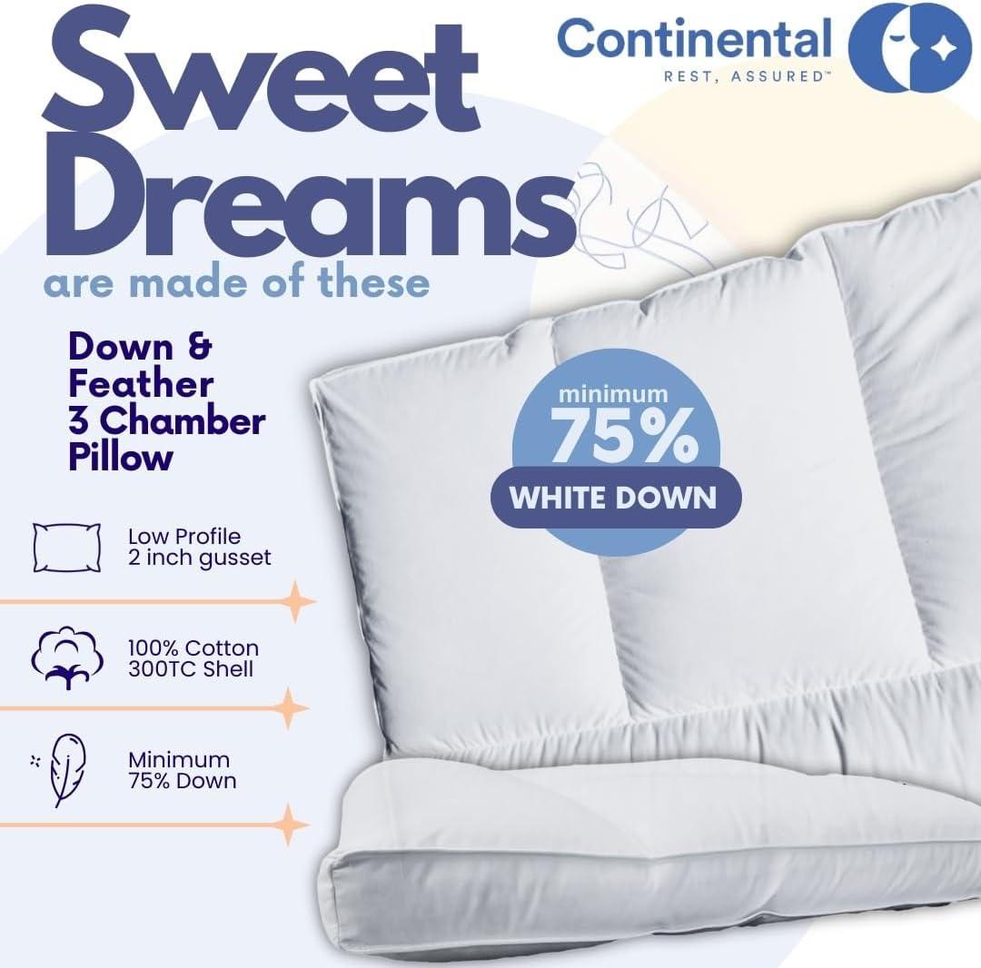 Continental Bedding 3-Chamber Down Pillow - Thin Profile with Partial Pressure Design, 2” Gusset & Sateen Piping, 100% Cotton – Standard, Queen, King
