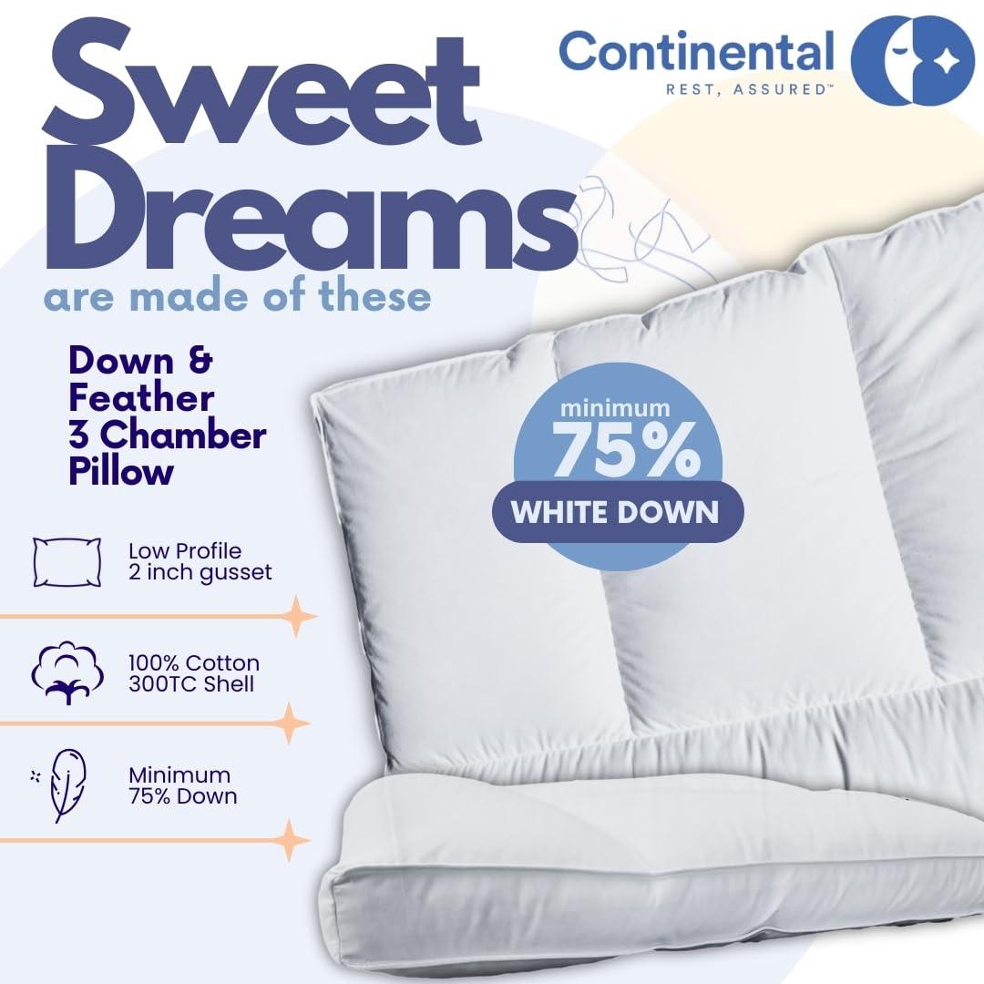 Continental Bedding 3-Chamber Down Pillow - Thin Profile with Partial Pressure Design, 2” Gusset & Sateen Piping, 100% Cotton – Standard, Queen, King