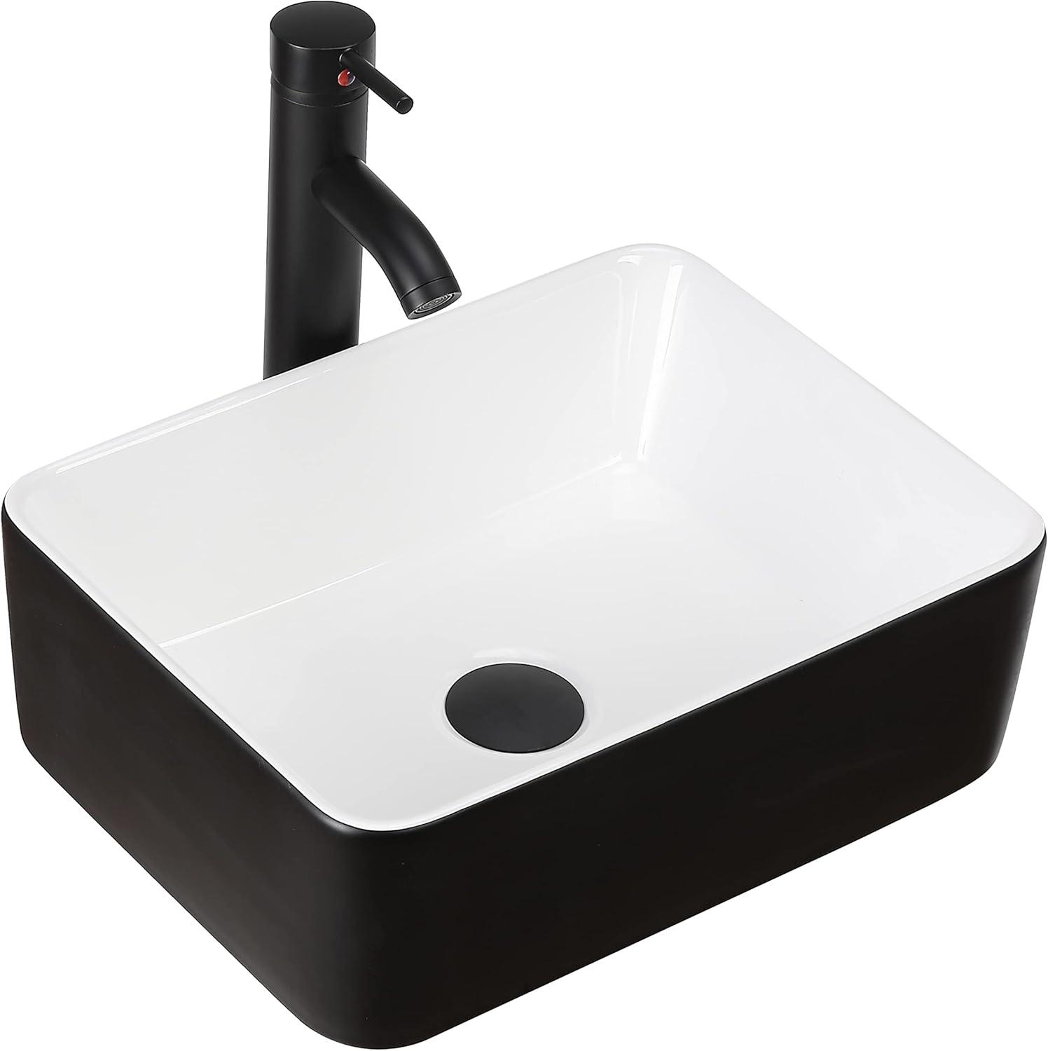 Ceramic Rectangular Bathroom Vessel Sink, Above Counter Vanity Sink with Faucet Combo, White Body with Black Trim on The Top, 16'' x 12''