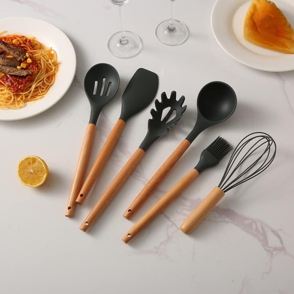 LINLIN Silicone Kitchen Utensils Set with Holder 12 PCS Cooking Utensils Set with Wooden Handle Heat Resistant Kitchen Gadgets Utensil Set Kitchen Accessories