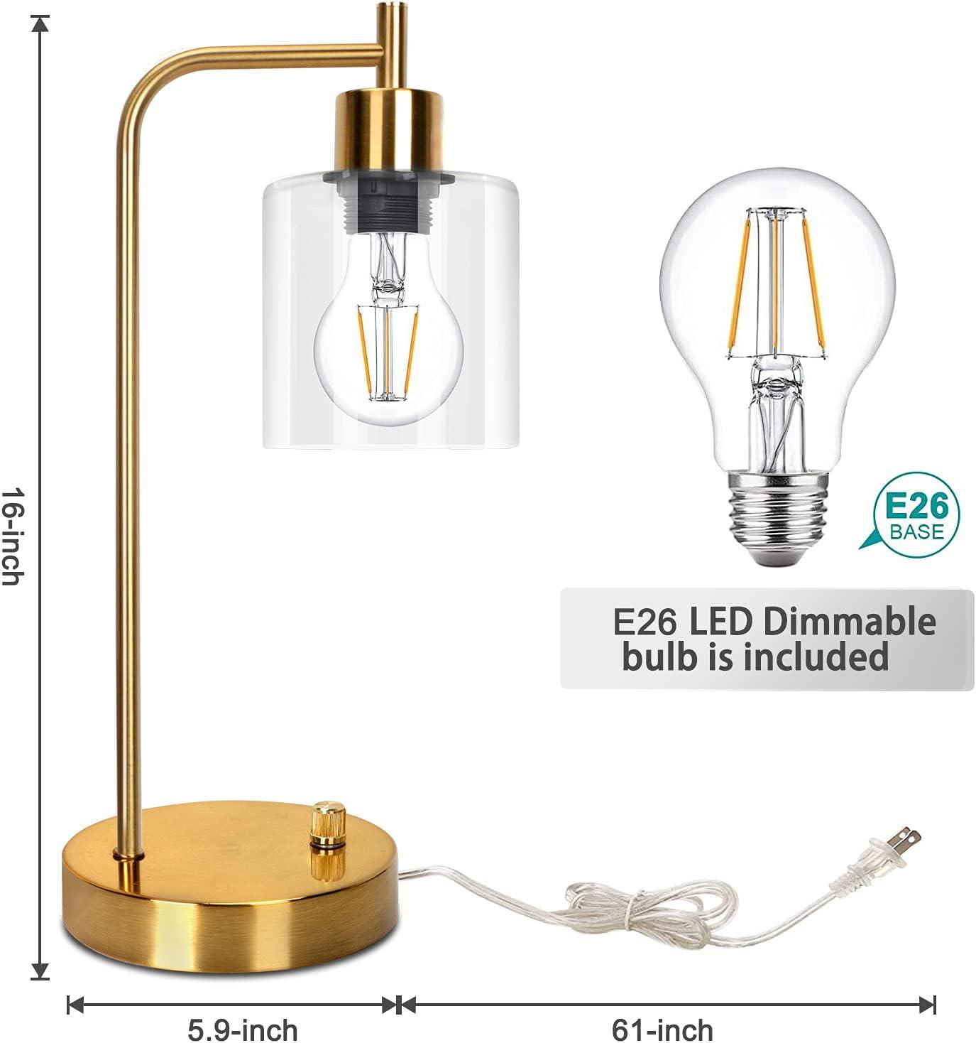 【Upgraded】Set of 2 Industrial Table Lamps with 2 USB Port, Fully Stepless Dimmable Bedside Lamps for Bedroom, Nightstand Desk Lamps with Glass Shade for Bedroom Living Room Office 2 LED Bulb Included