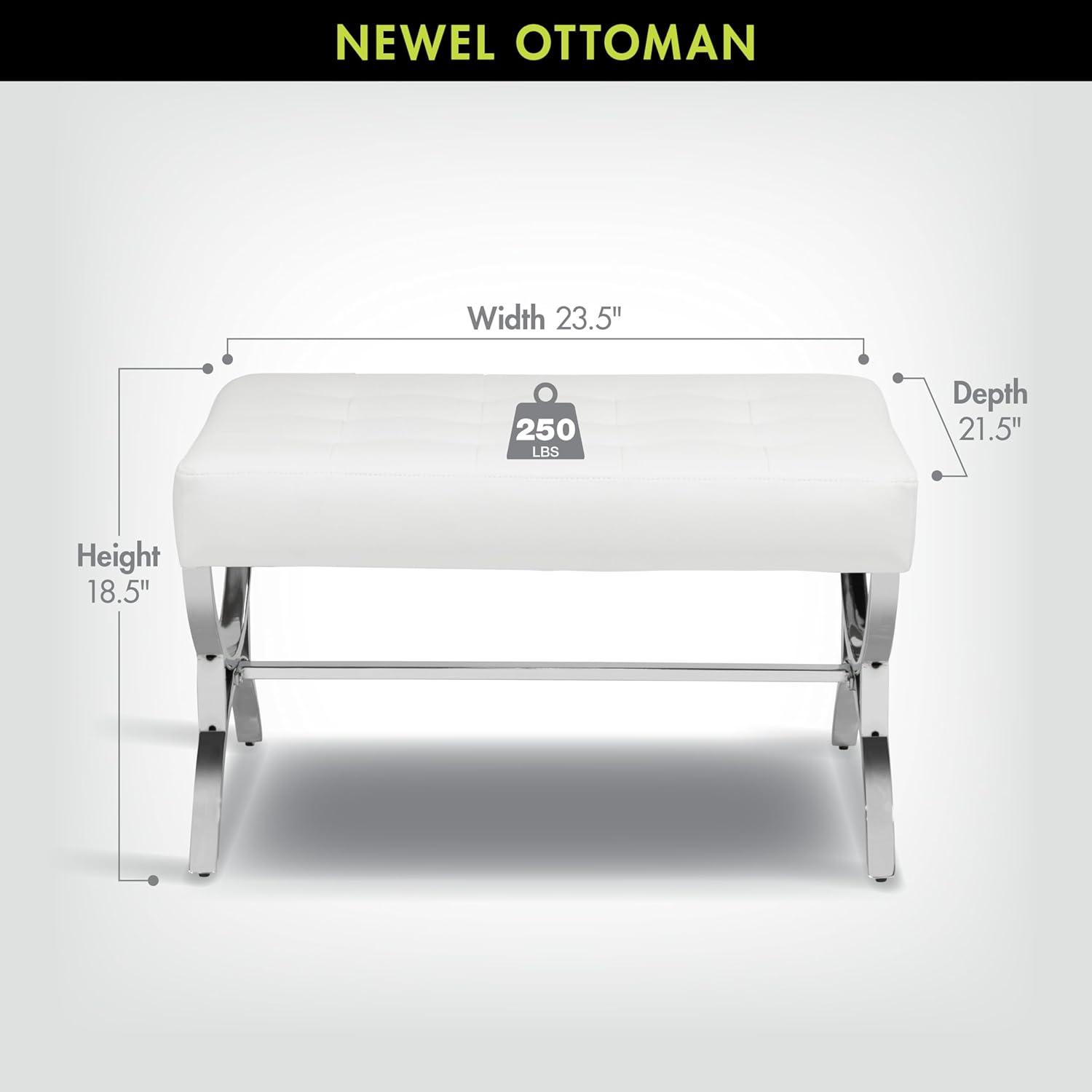 studio designs Newel Modern Square Ottoman Blended Leather and Chrome Metal Frame Chrome/Black: 18" High, Rectangular, Steel Base