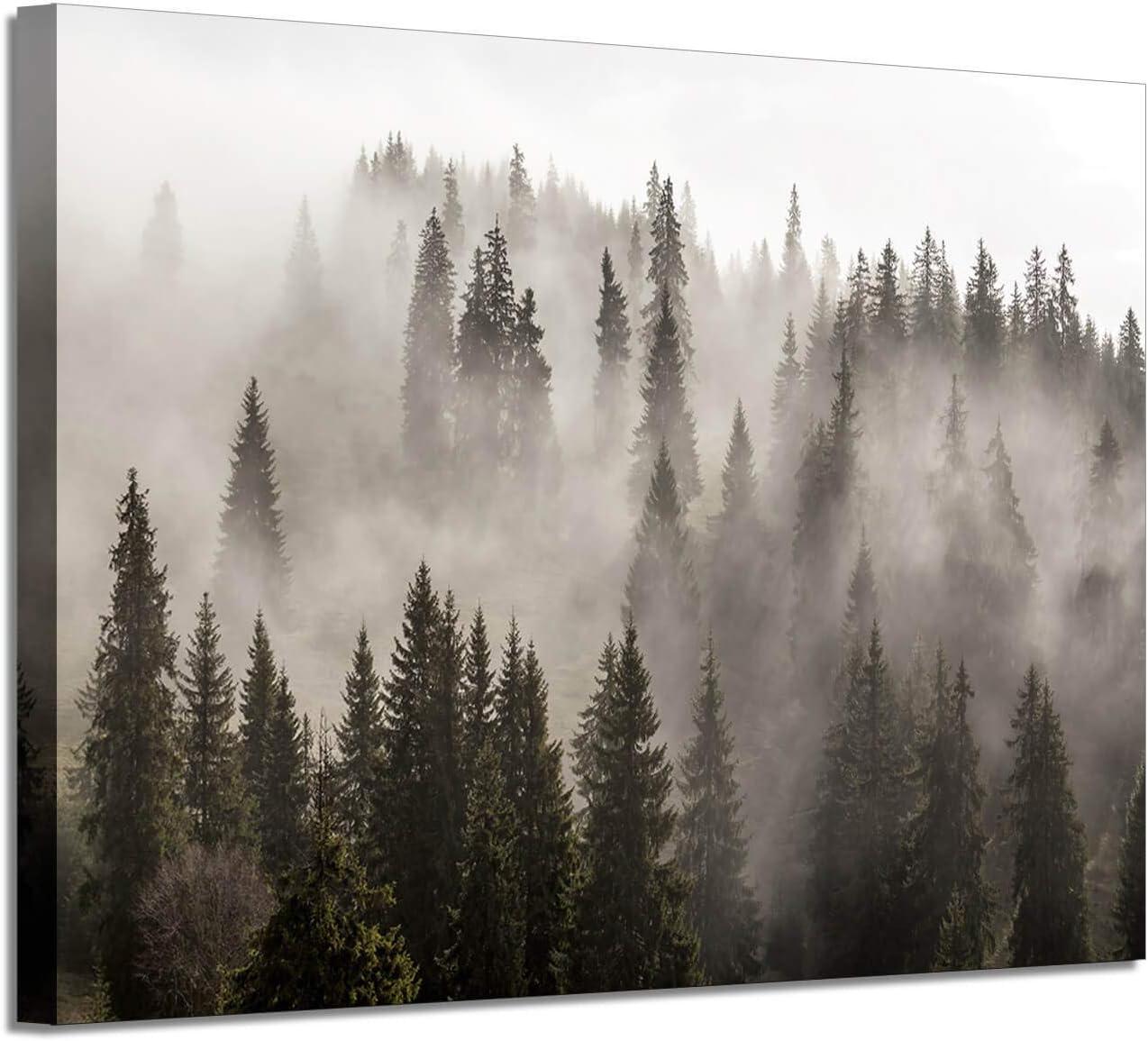 Foggy Forest Landscape Canvas Wall Art in Black and White