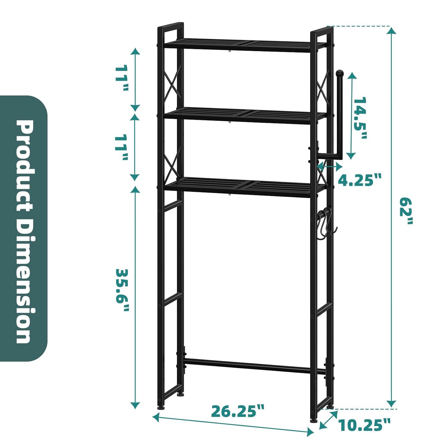 Tangkula Over-the-Toilet Storage 3-Tier Freestanding Bathroom Organizer Shelf w/ 2 Hanging Hooks & Toilet Paper Holder Black