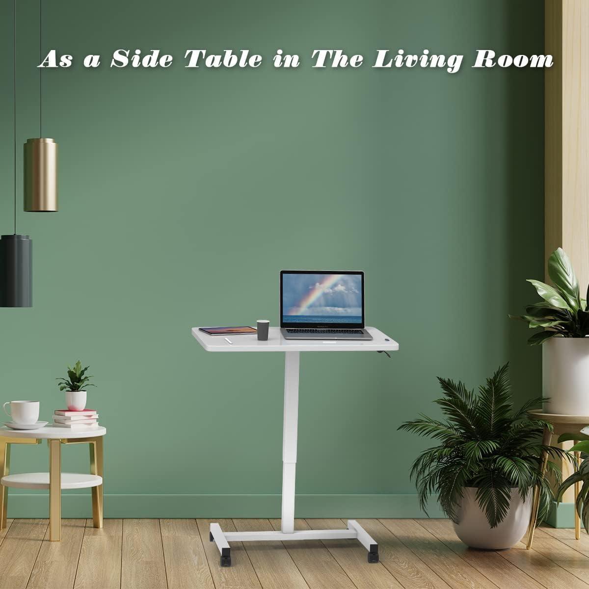 White Adjustable Height Mobile Laptop Desk with Wheels