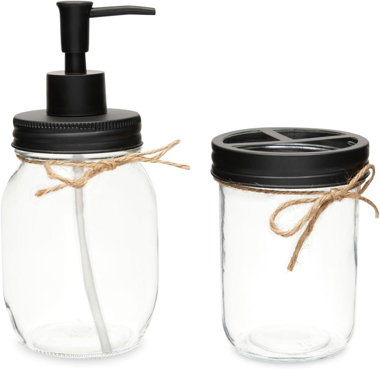 Okuna Outpost 4 Piece Glass Bathroom Accessories Set with Soap Dispenser, Toothbrush Holder, Apothecary Mason Jar