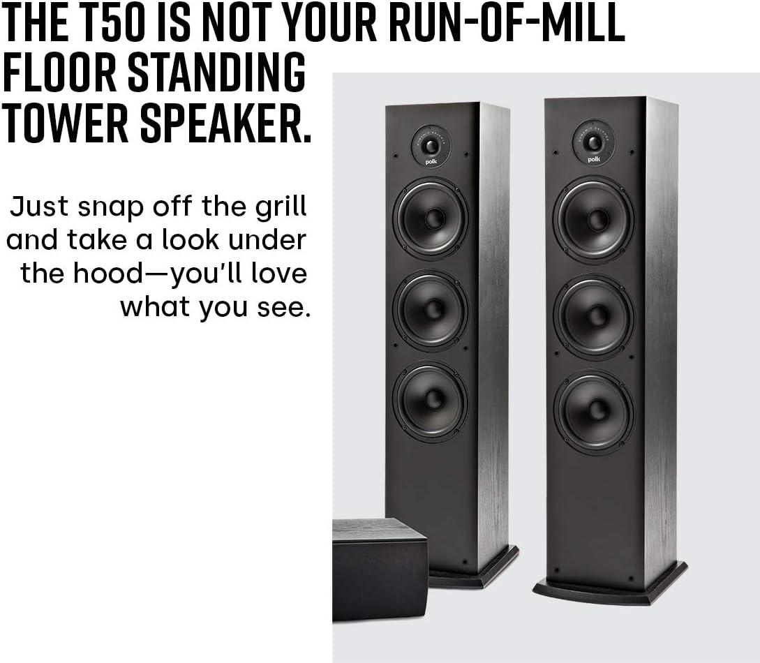 Polk Audio T50 Home Theater and Stereo Floor Standing Tower Speaker (Single, Black) - Deep Bass Response, Dolby and DTS Surround