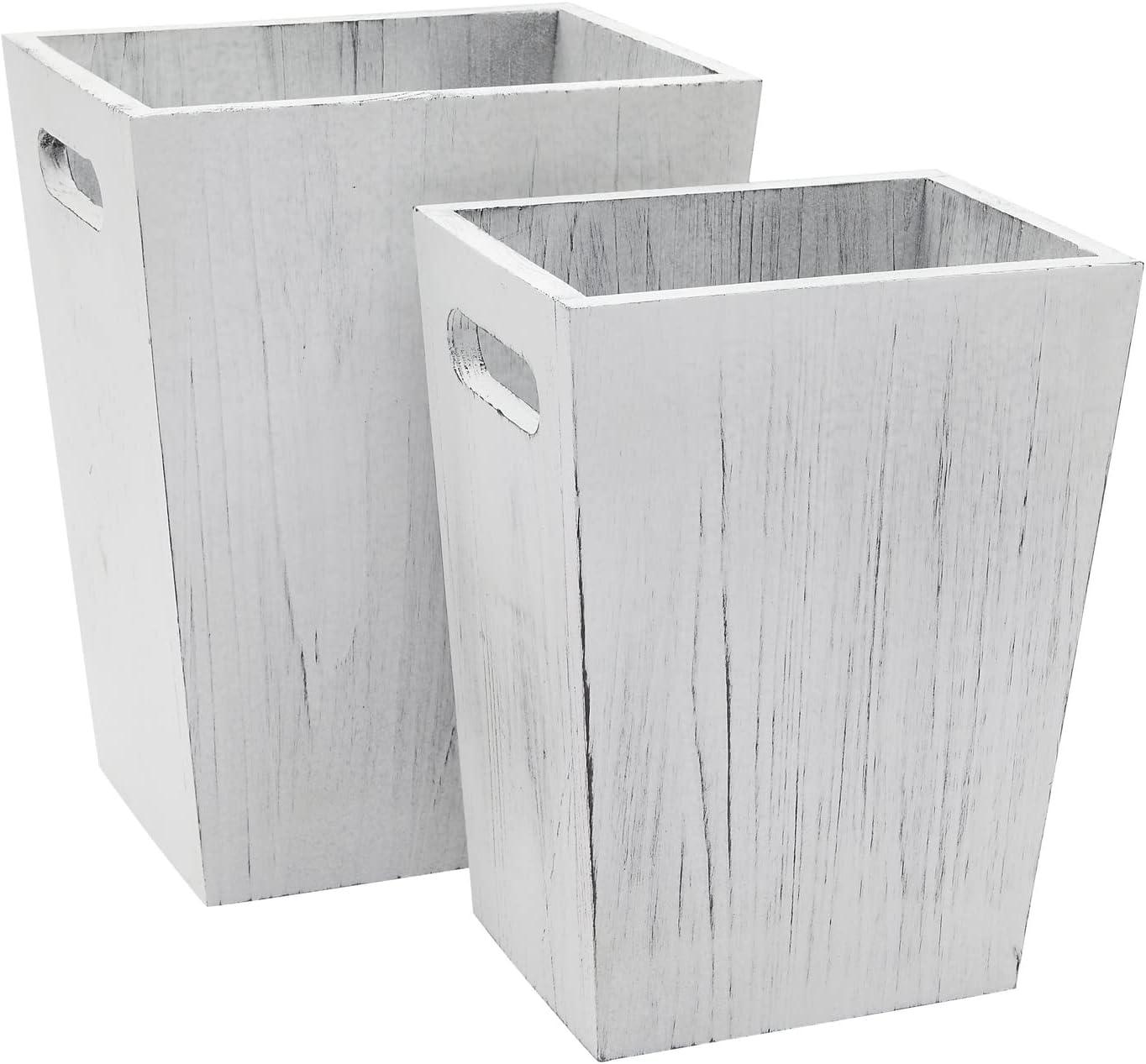 2 Piece Rustic Bathroom Trash Can Set with Handles for Bedroom, Living Room, Office (White-Washed, 2 Sizes)