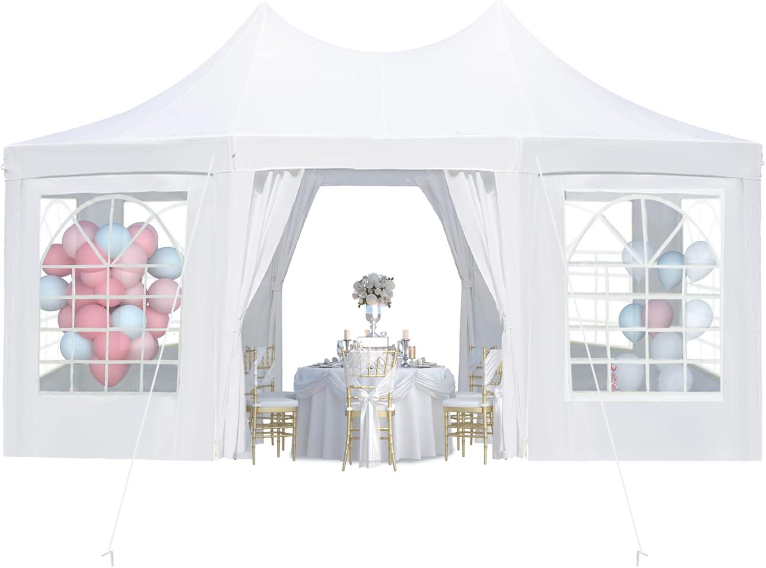 White Hexagonal Party Tent with Peaked Canopy and Removable Sidewalls