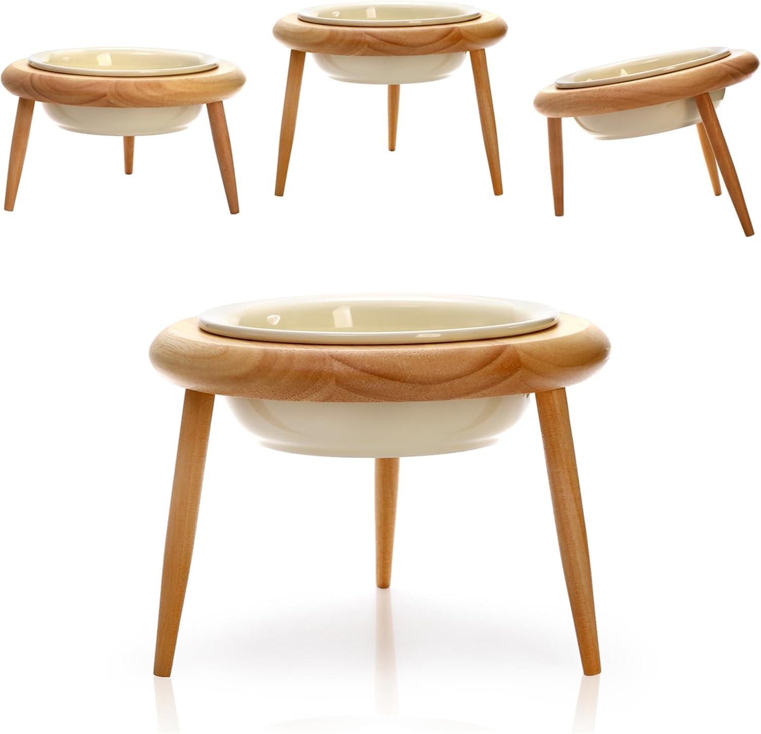 DEAYOU Ceramic Cat Bowl Adjustable, Tilted Elevated Raised Dish, No Spill Food Water Feeder, Slanted Dog Bowl with Wood Stand for Kitty, Supplies, Stress Free, 600 ML/20 OZ, Cream White C49