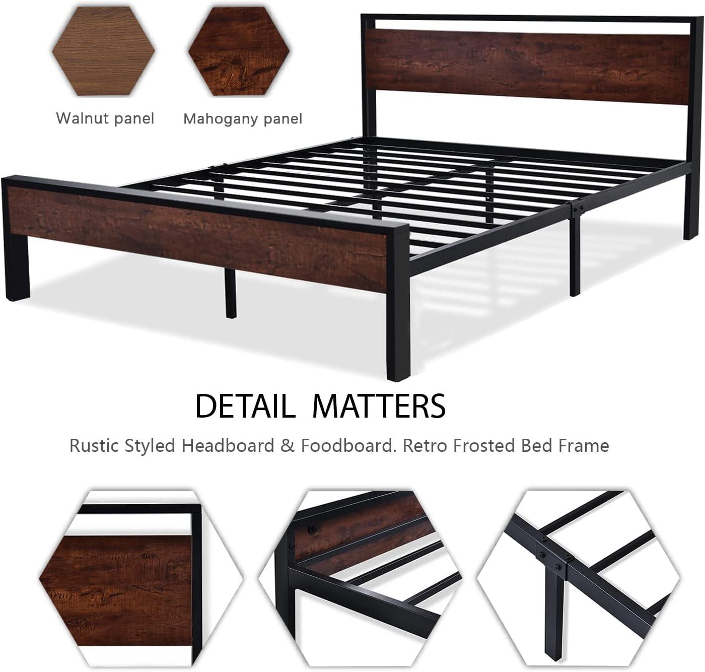 King Size Mahogany and Black Metal Platform Bed with Wood Headboard